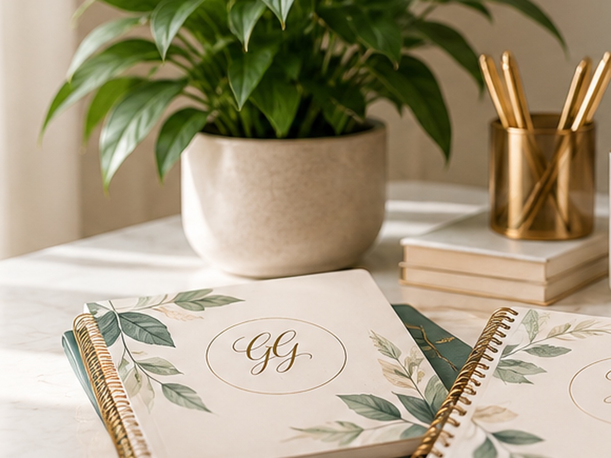 A warm, elegant financial planning workspace with greenery, books, and a notebook